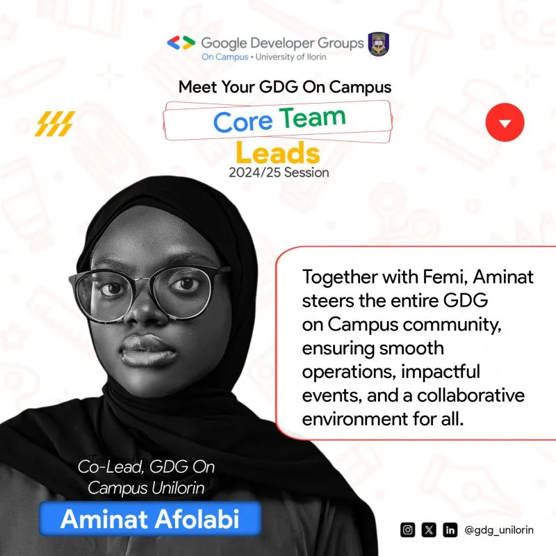 GDG on Campus Unilorin graphic introducing Aminat Afolabi as Co-Lead for the 2024/25 session