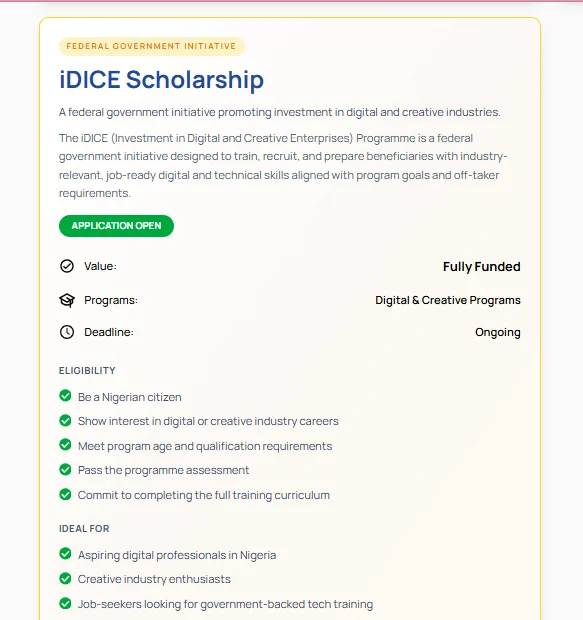 The iDICE Scholarship listing on StacStart: a fully funded federal government initiative for digital and creative programmes, with applications open