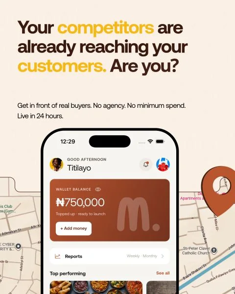Mimuads ad reading Your competitors are already reaching your customers. Are you?, showing the advertiser app on a phone over a map