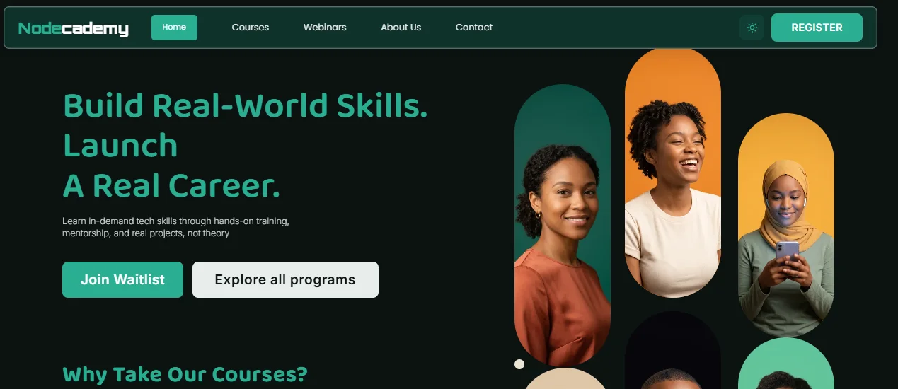 Nodecademy homepage with the headline Build Real-World Skills. Launch A Real Career., Join Waitlist and Explore all programs buttons