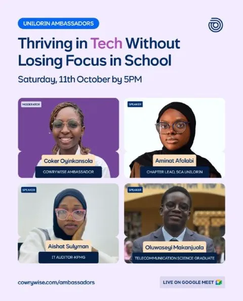 Cowrywise Unilorin Ambassadors flyer listing Aminat Afolabi as a speaker