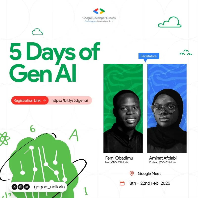 5 Days of Gen AI flyer naming Femi Obadimu and Aminat Afolabi as facilitators