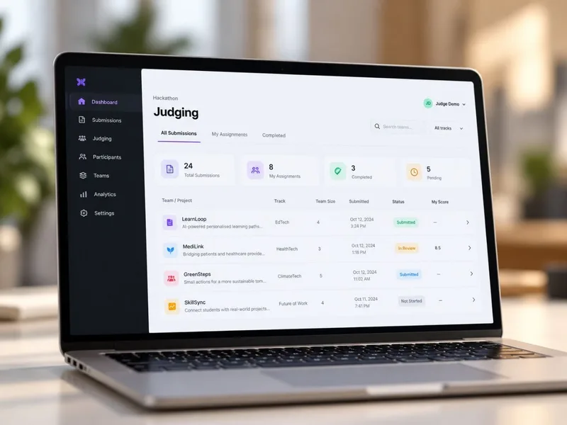 A laptop showing a hackathon judging dashboard