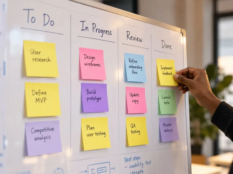 A Kanban board of sticky notes moving from To Do to Done